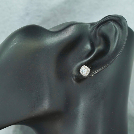 Vintage Sterling 925 silver handmade earrings, square studs with cluster Cz