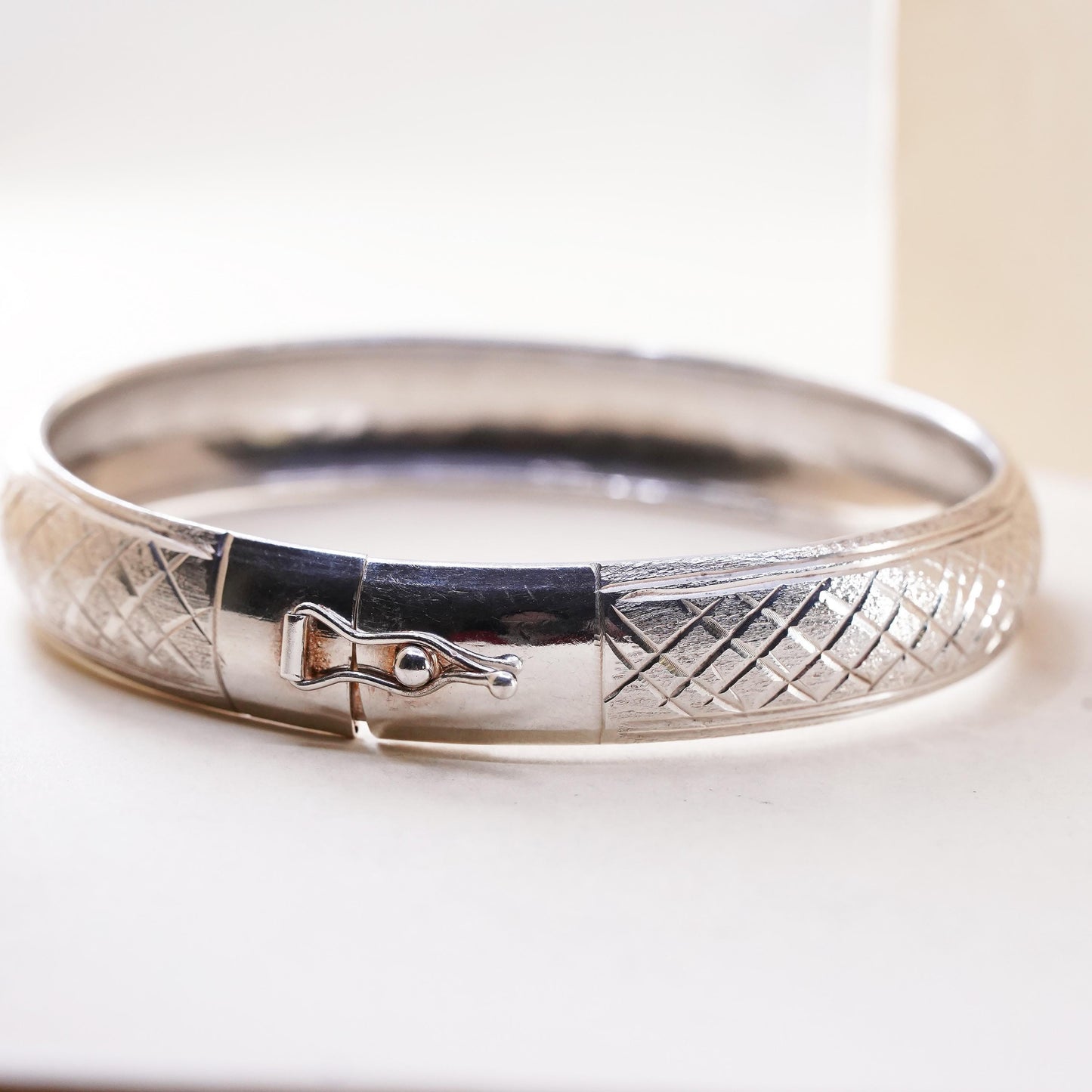 7”, vintage Sterling silver bracelet, textured 925 bangle with latch closure