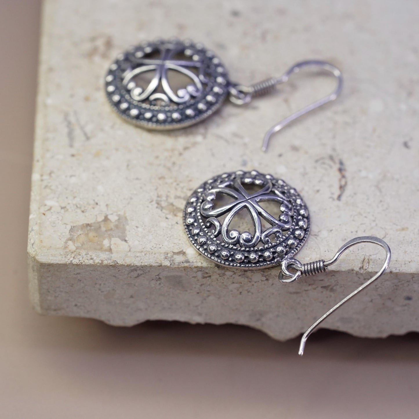 Vintage Sterling silver handmade earrings, 925 filigree circle dangles