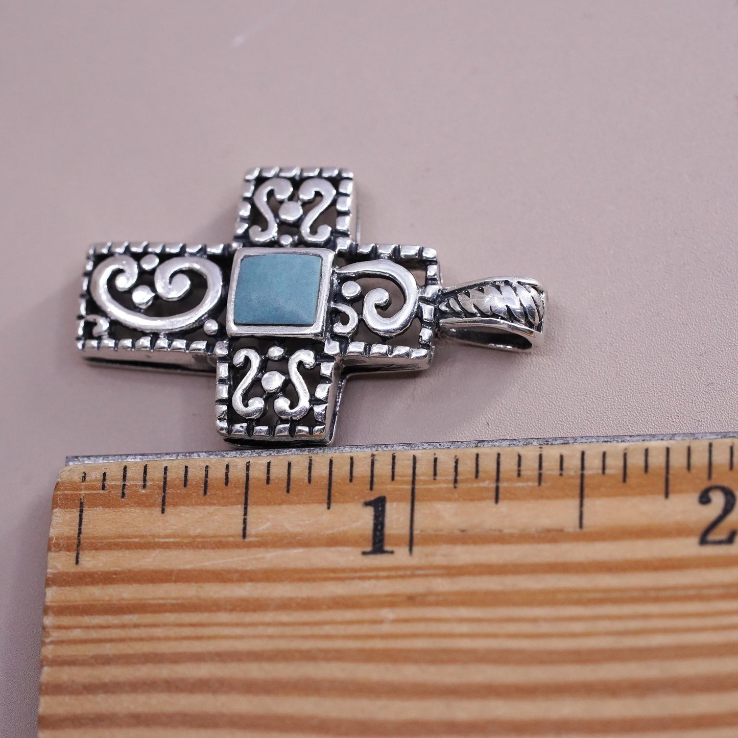 Vintage Sterling silver handmade pendant, 925 filigree cross with turquoise