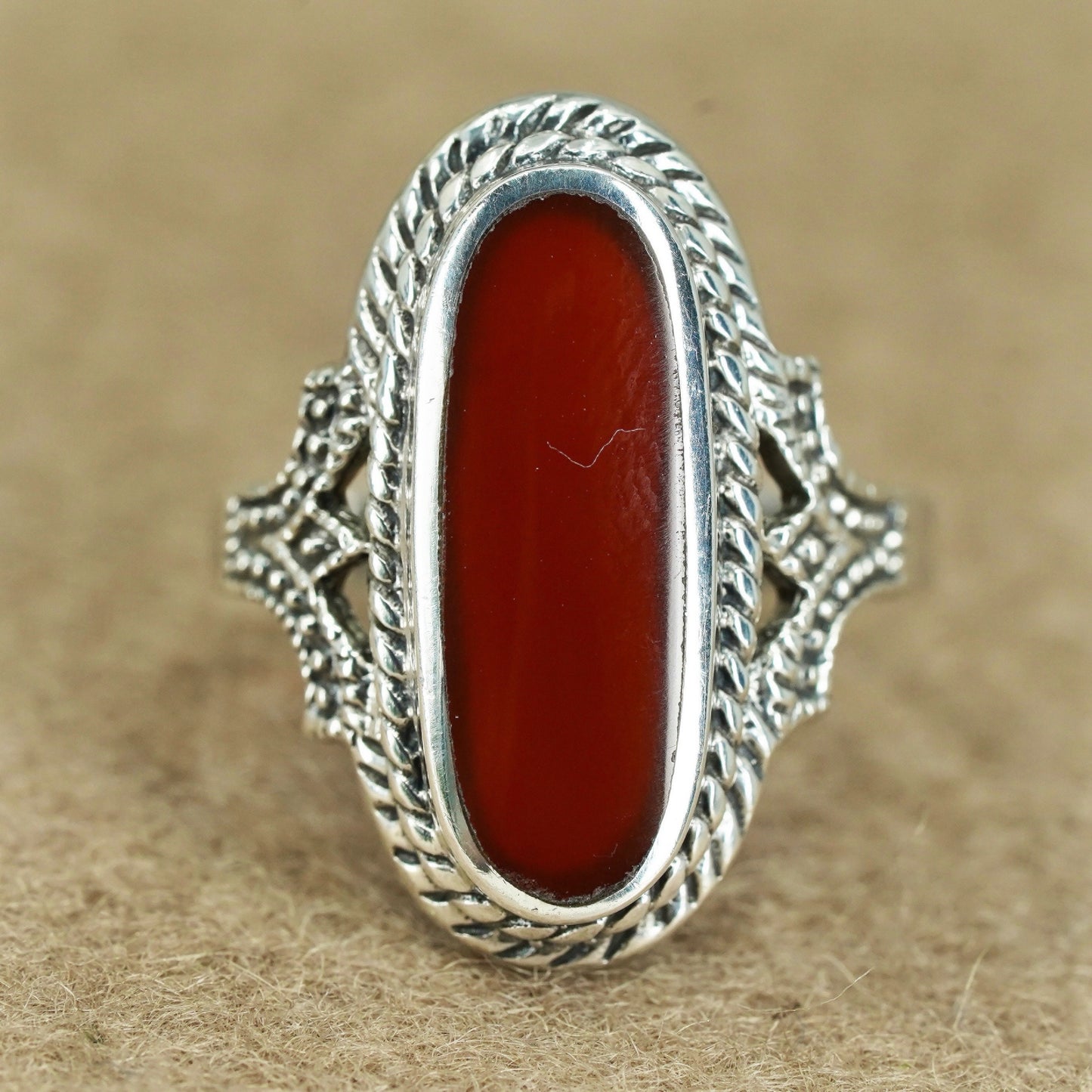 Size 9, southwestern Sterling 925 silver handmade ring with carnelian and cable