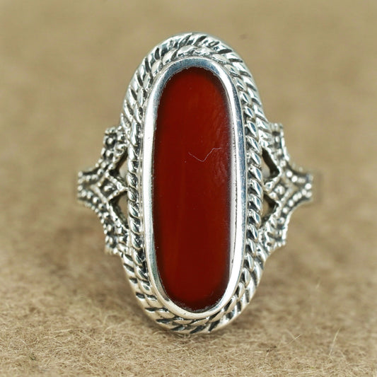 Size 9, southwestern Sterling 925 silver handmade ring with carnelian and cable