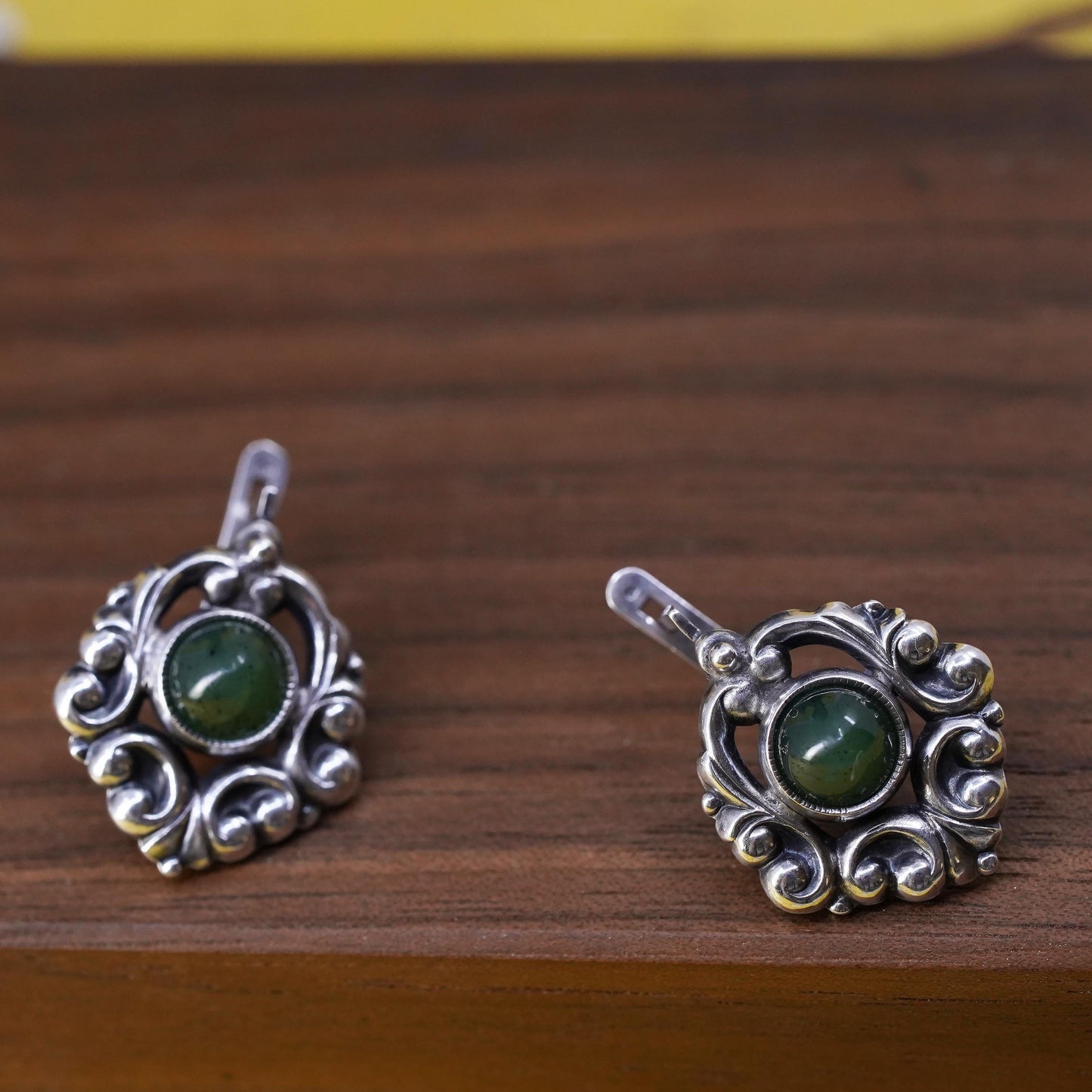 Soviet Sterling Silver 875 studs Earrings with jade lever back, USSR Jewelry