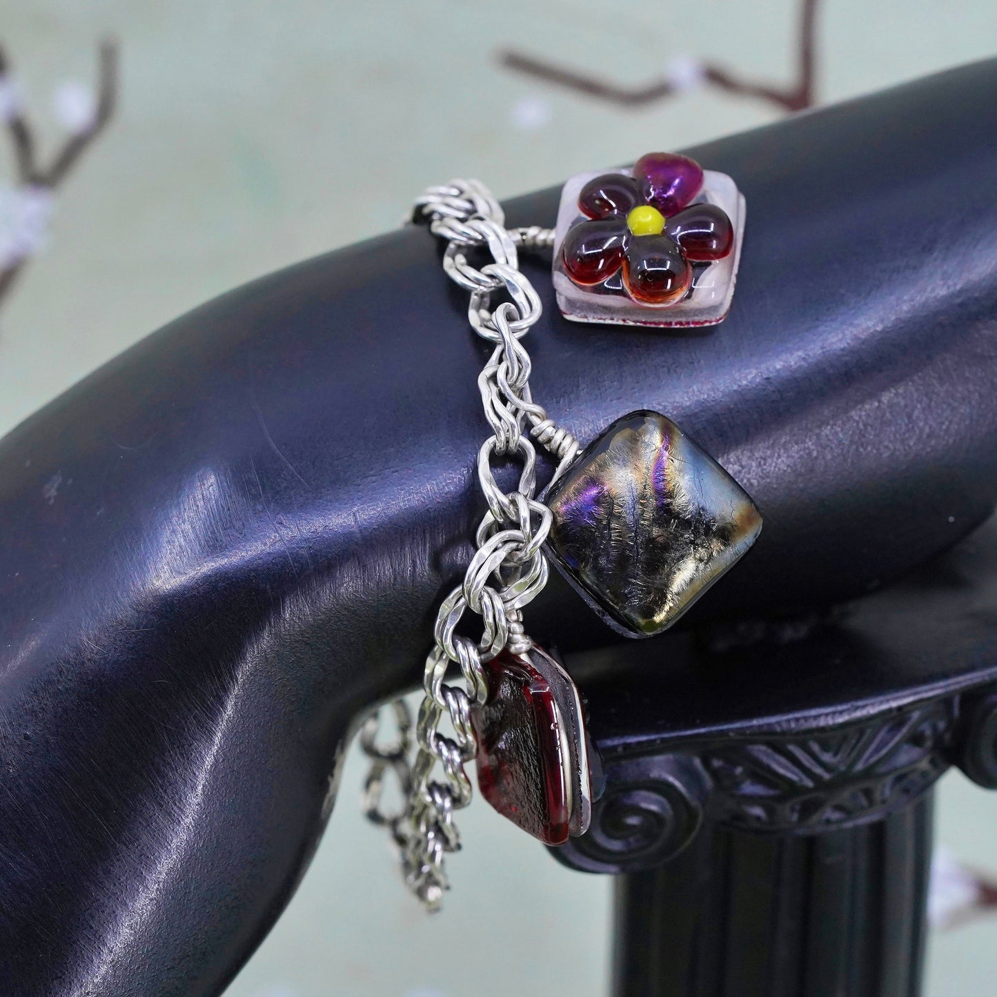 6.5”, Vintage sterling 925 silver double curb bracelet with flower glass charms