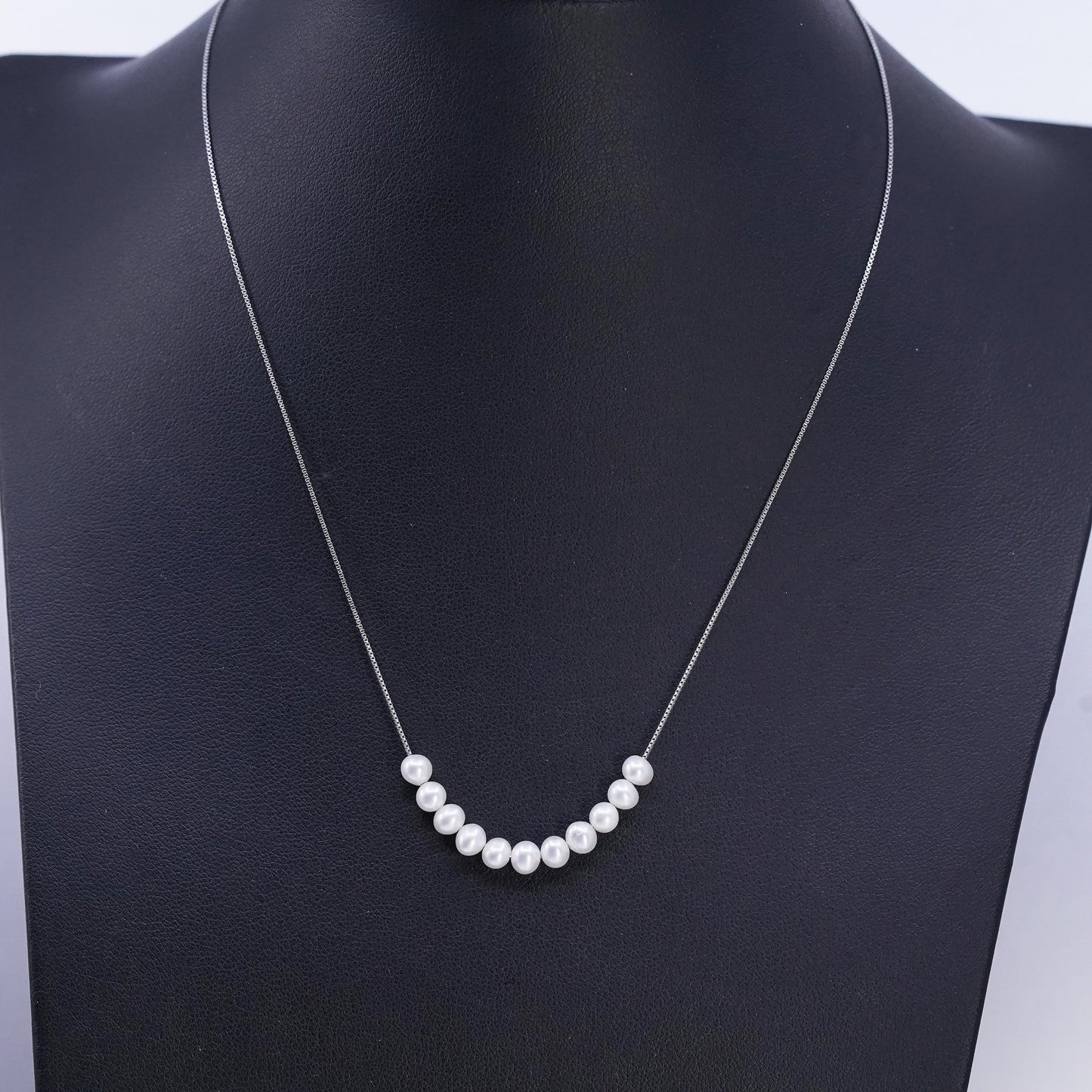 16", vintage Sterling 925 silver box chain necklace with pearl beads pendant