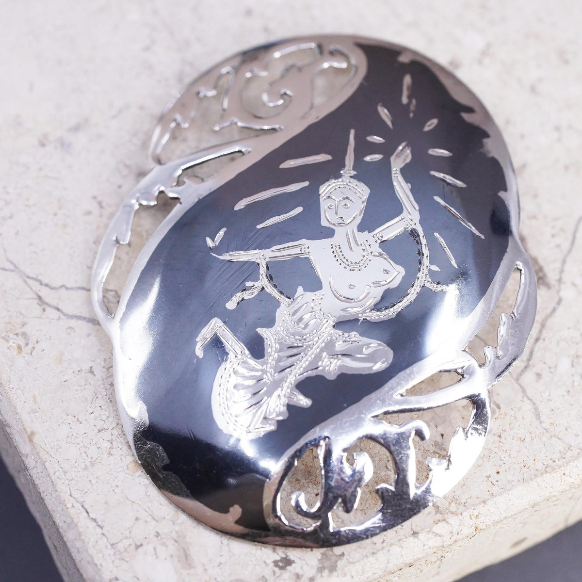 Vintage Siam Sterling silver handmade pin, 925 India goddess brooch