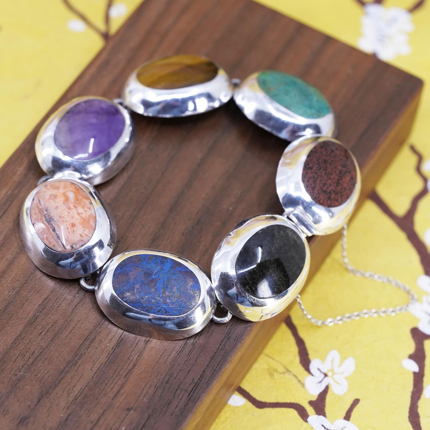 7.75", Mexican AM Sterling 925 silver bracelet turquoise obsidian jasper onyx