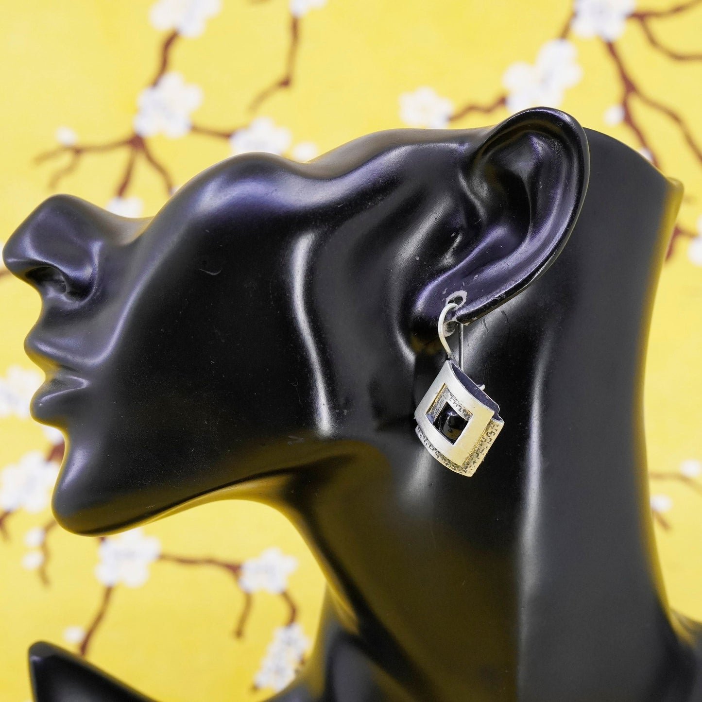 Vintage Sterling 925 silver handmade matte double square earrings with obsidian