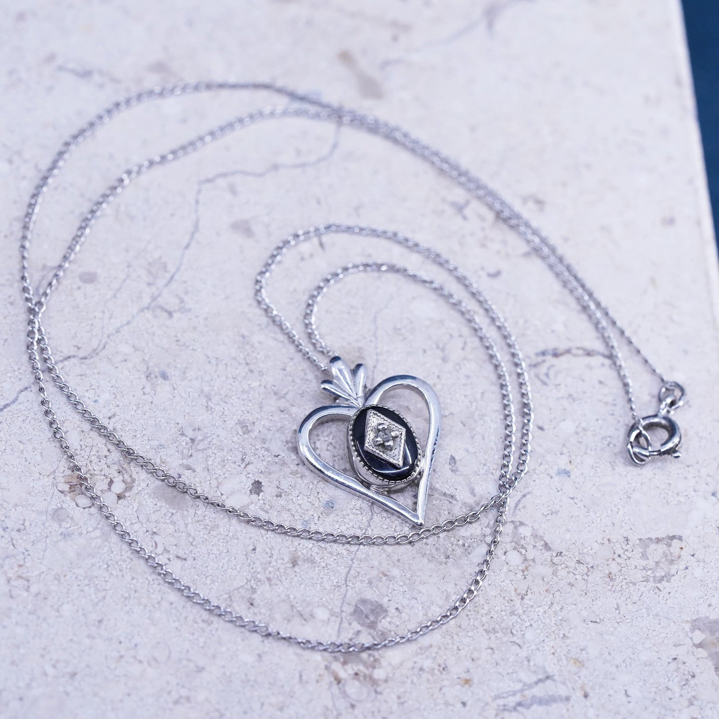 18”, VTG Sterling silver necklace, 925 circle chain onyx diamond heart pendant