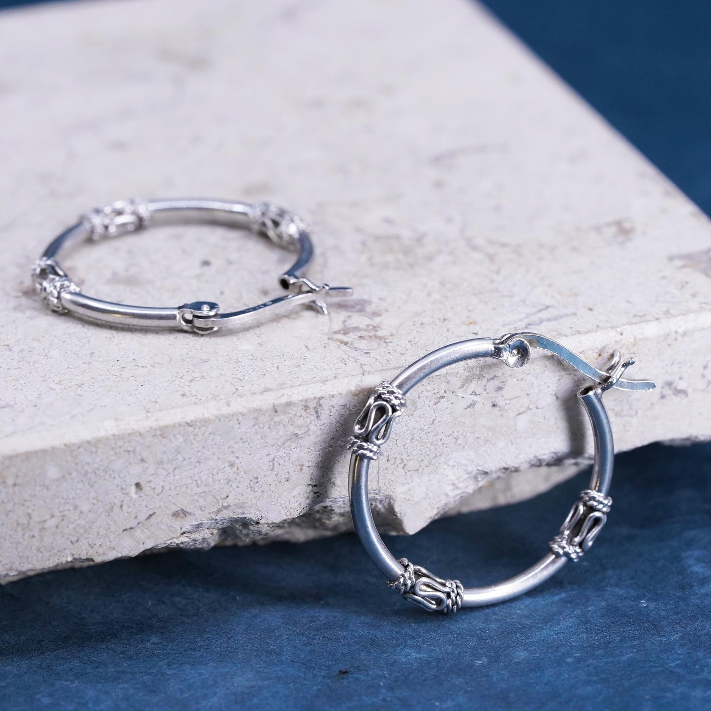 1", vintage Sterling silver handmade earrings, 925 hoops with wired details