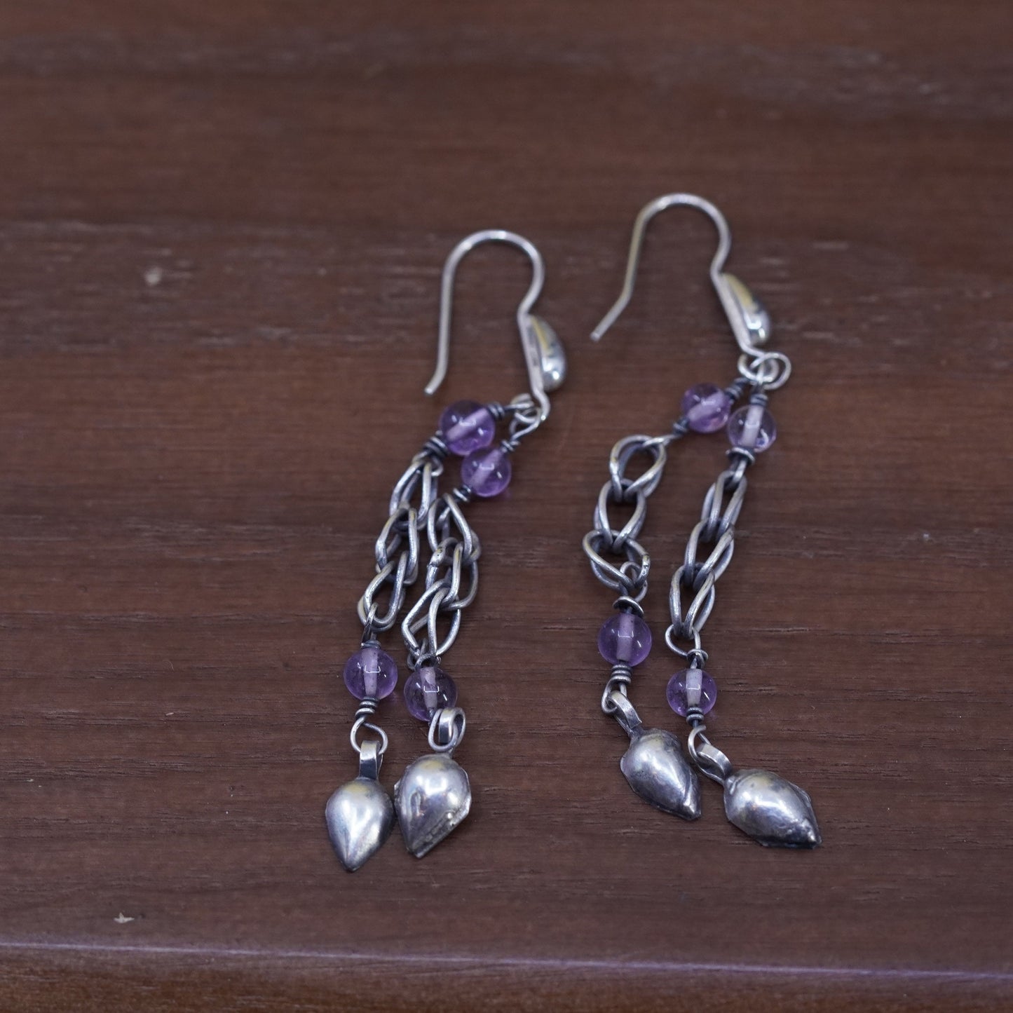 Vintage Sterling 925 silver handmade chain earrings with amethyst beads