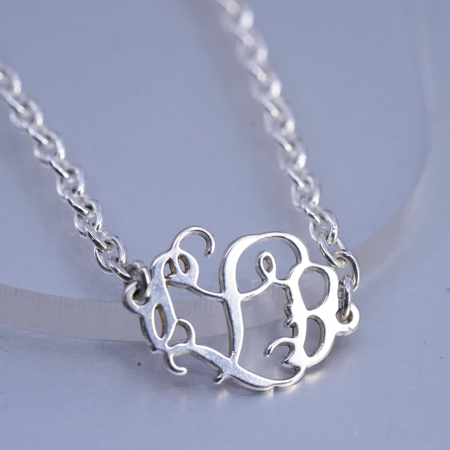6.5" 3mm, vintage Sterling silver bracelet, 925 circle chain monogram "L" charm