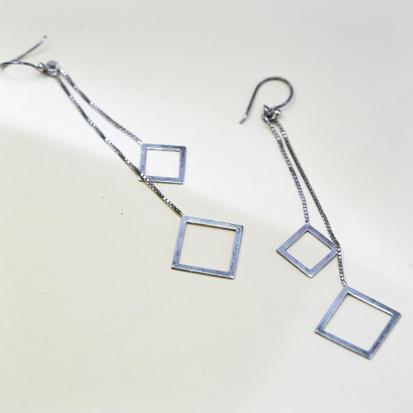 Vintage Sterling 925 silver handmade long box chain earrings w/ square dangles