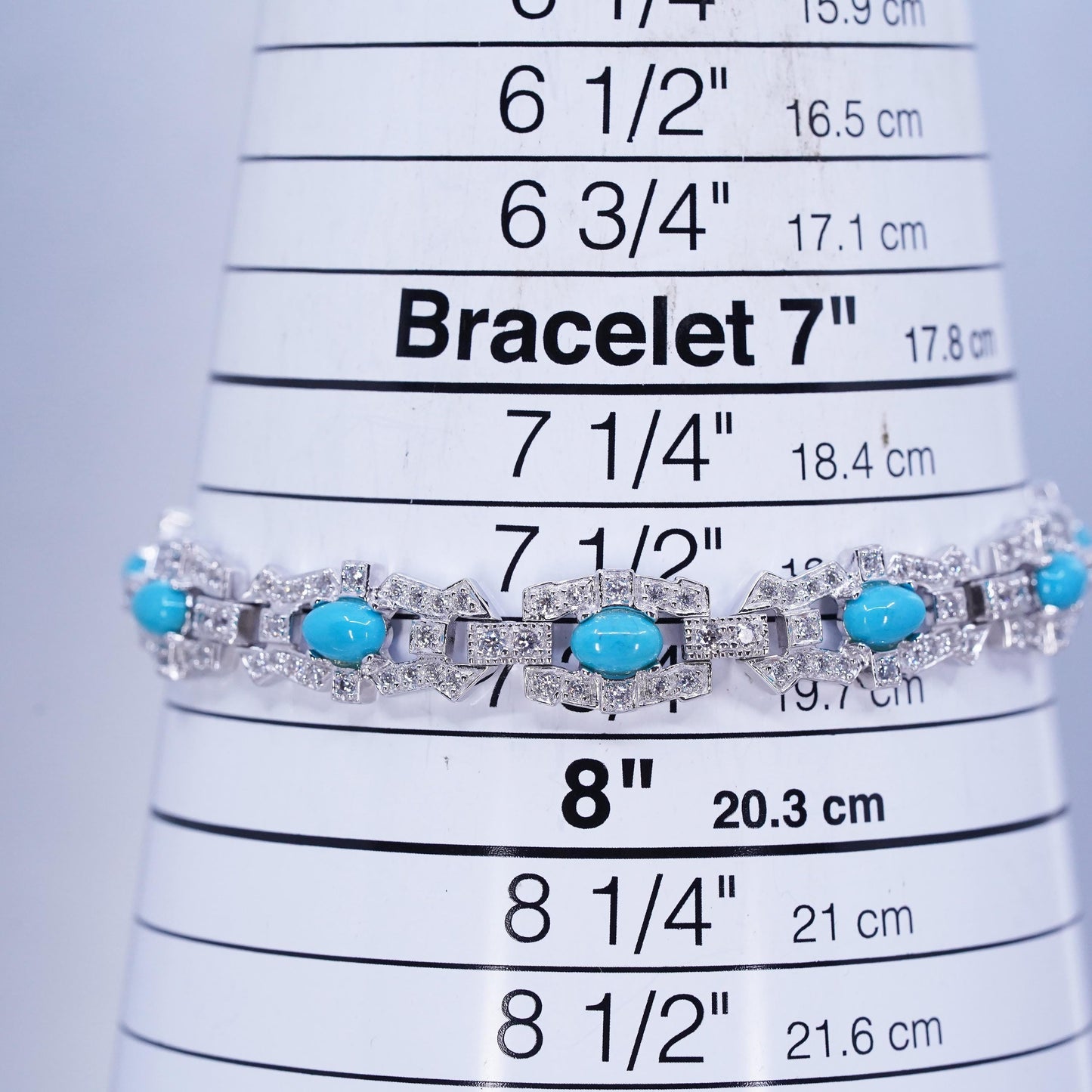 7.5”, Vintage Sterling 925 silver tennis bracelet chain w/ turquoise cluster cz
