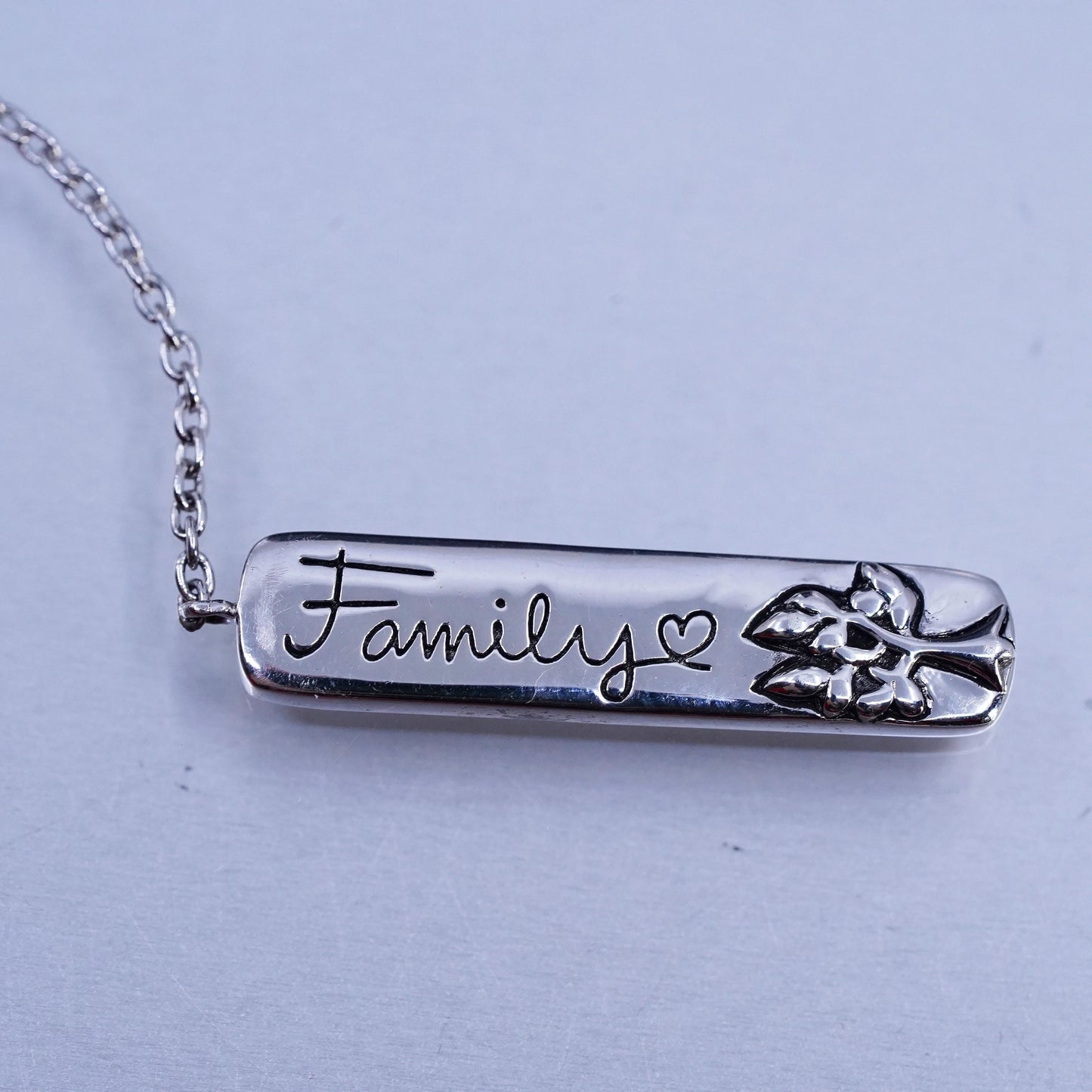 32" Sterling 925 silver extra long circle necklace w/ tree tag embossed family
