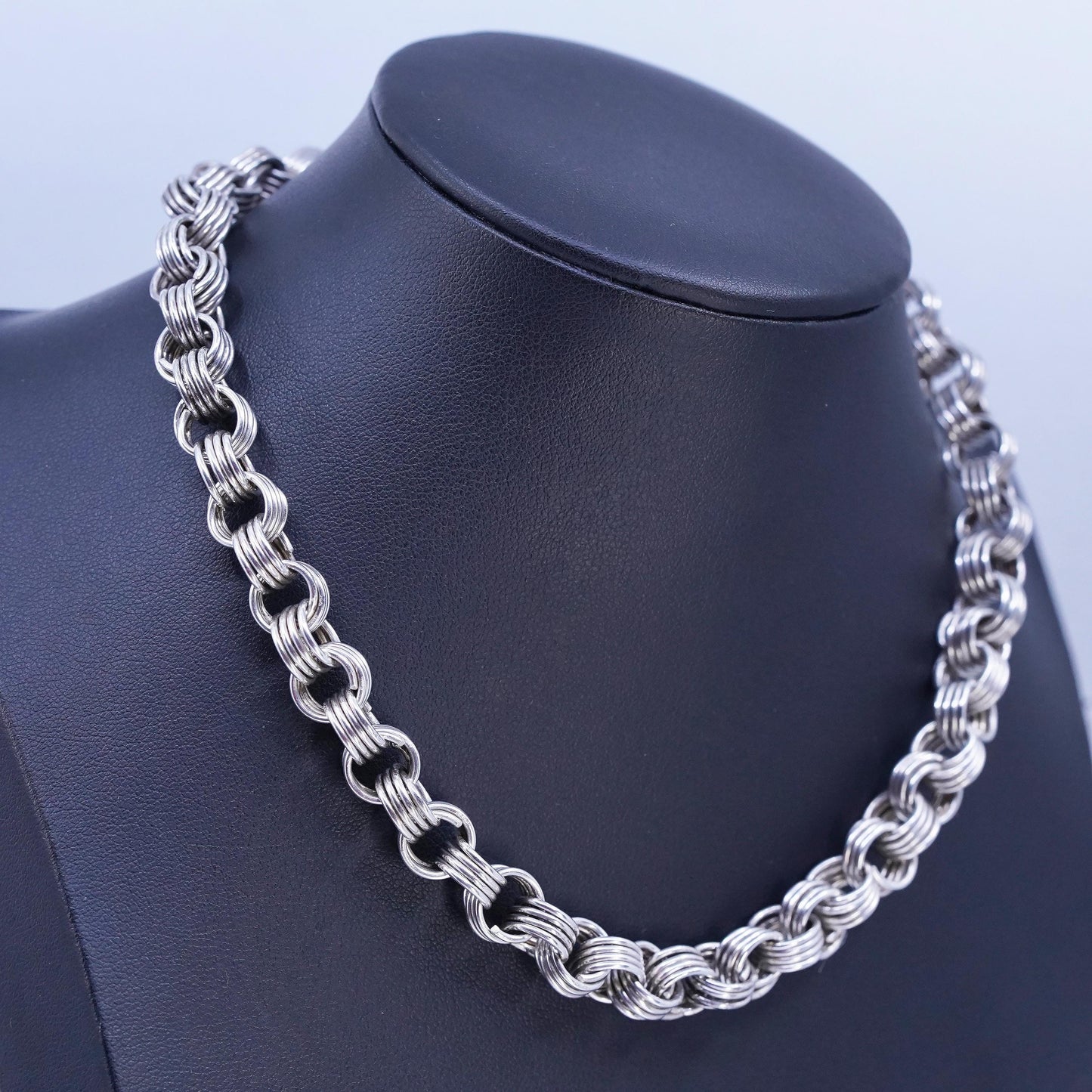 14" 9mm, vintage Sterling 925 silver bold circle chain choker collar necklace
