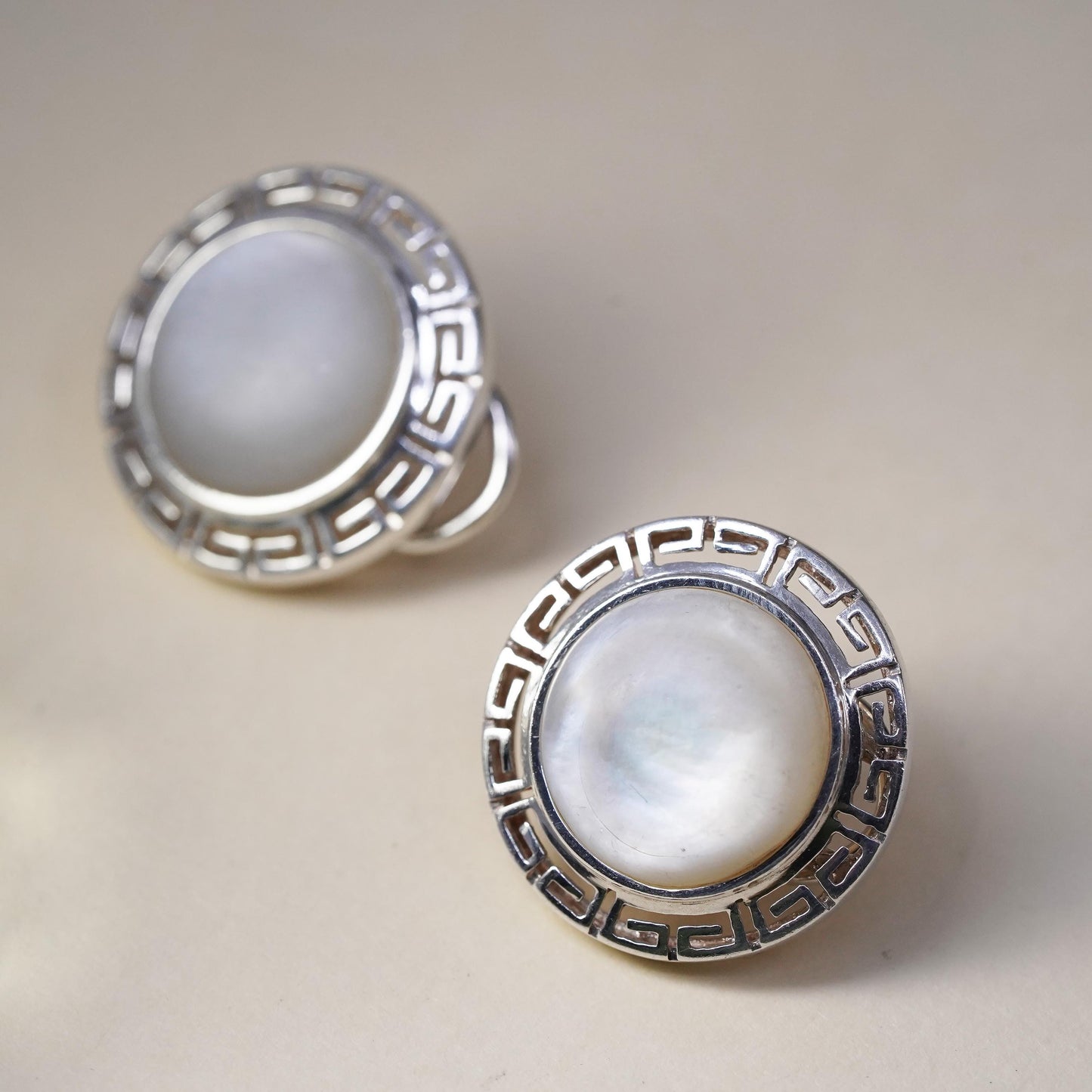 Vintage Sterling silver earrings, 925 Greek key studs w/ round mother of pearl