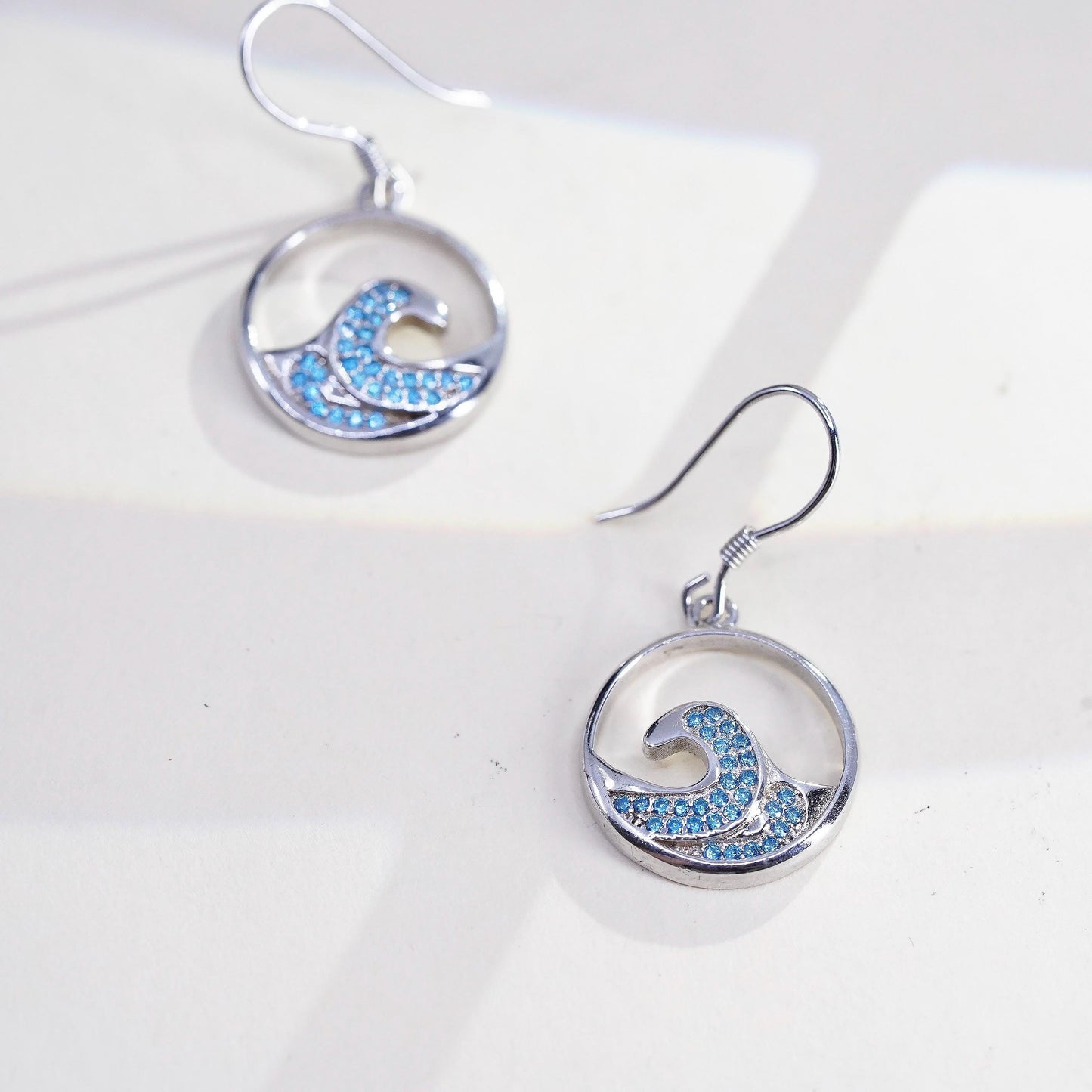 VTG Sterling silver handmade earrings, 925 ocean waves dangles cluster blue cz
