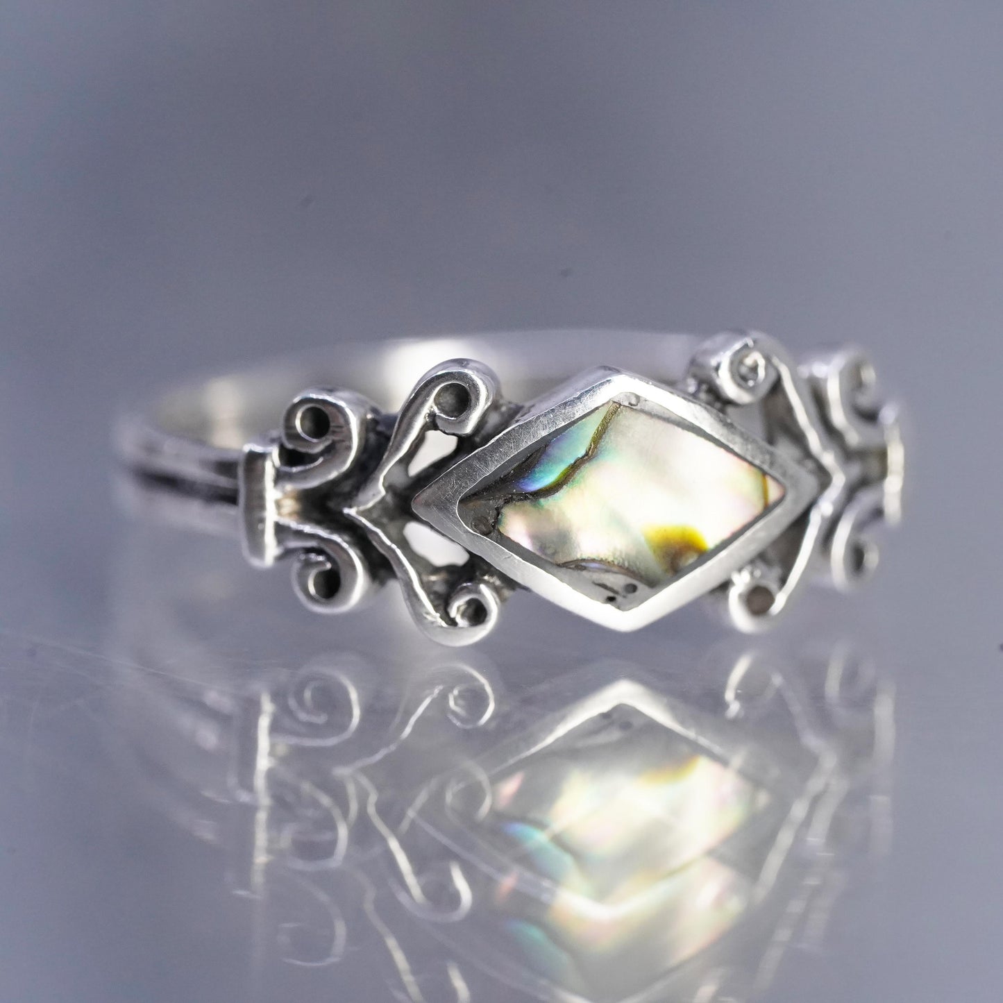 Size 7, southwestern vintage 925 silver handmade ring with abalone inlay