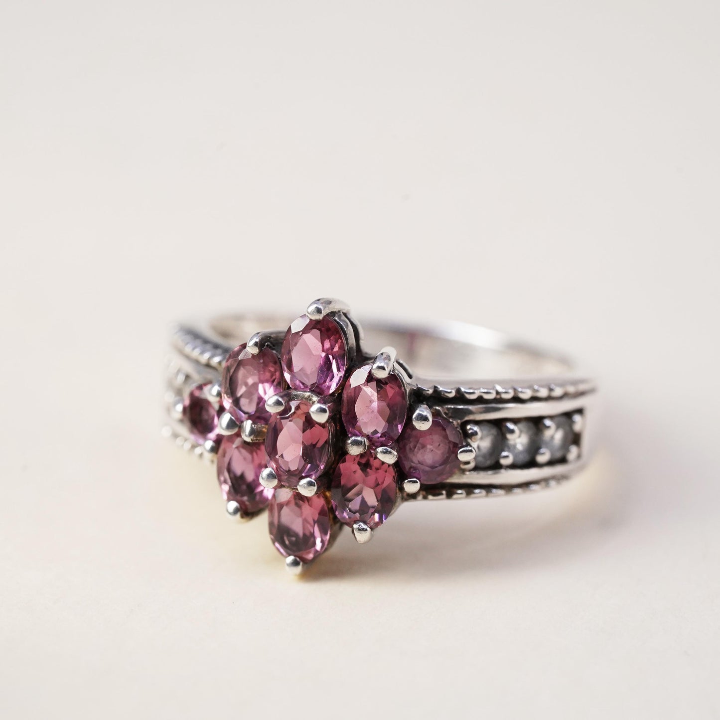 Size 7, vintage Sterling 925 silver ring with pink crystal and cluster cz
