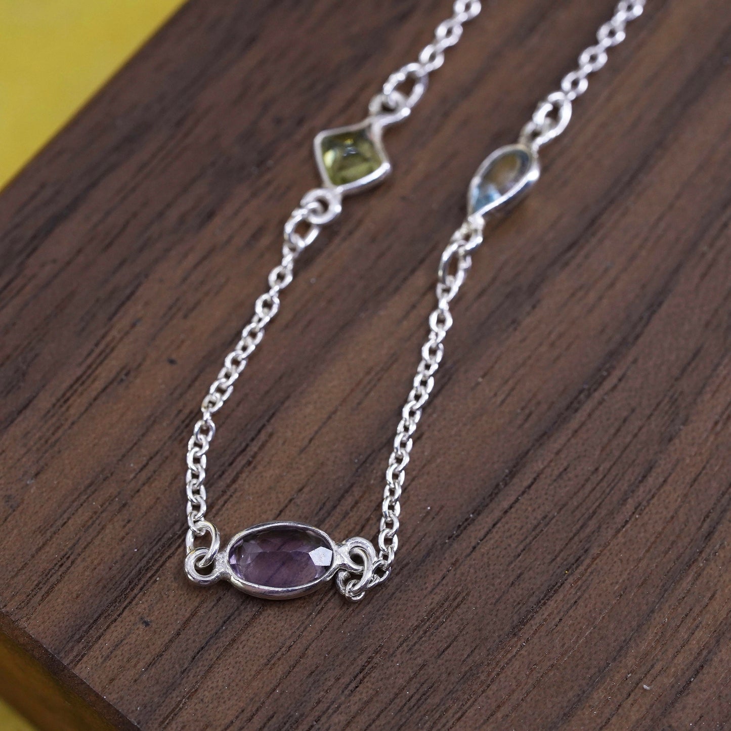 18”, Sterling silver necklace, 925 circle chain ruby, topaz,, peridot citrine