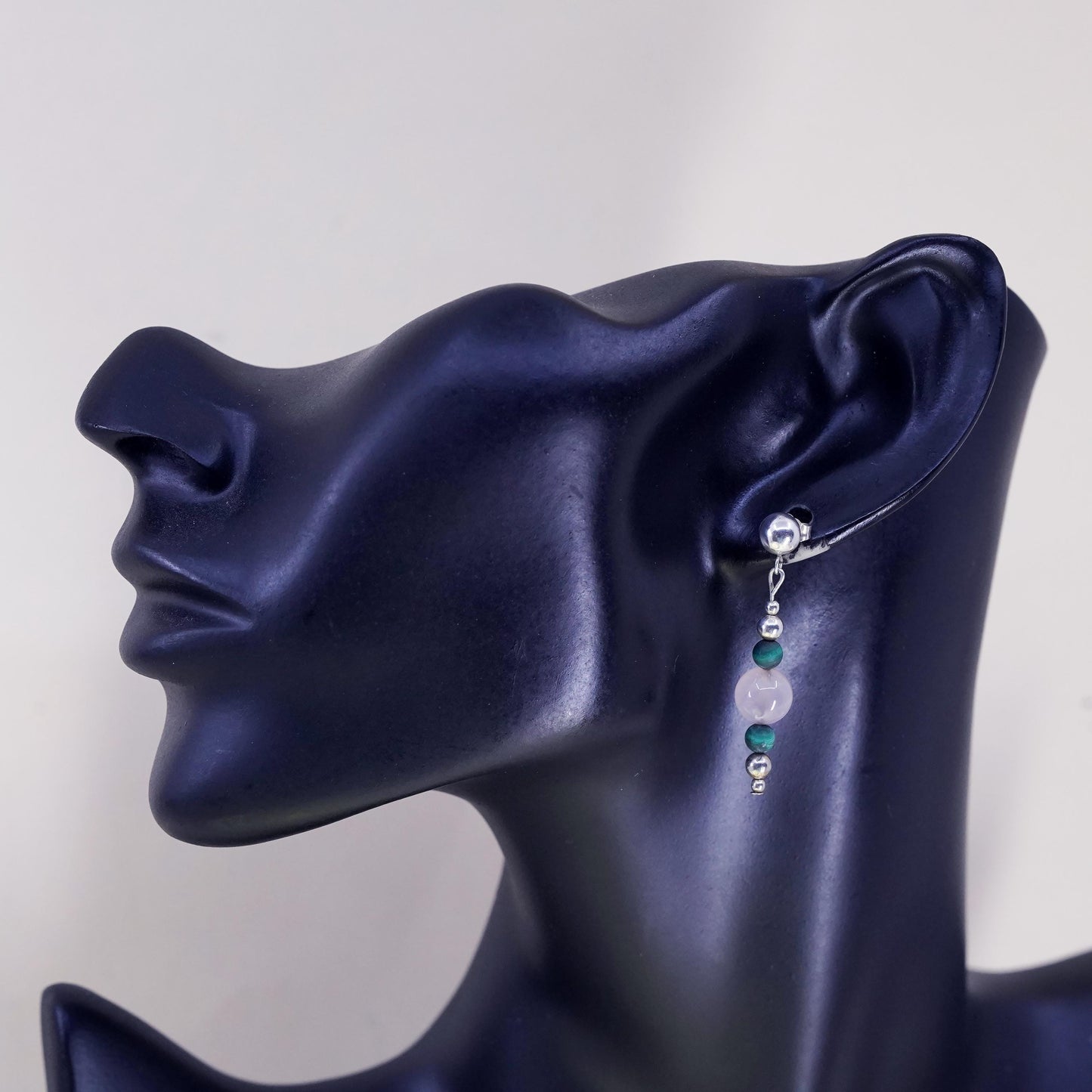 Vintage Sterling 925 silver handmade earrings with pink quartz malachite beads