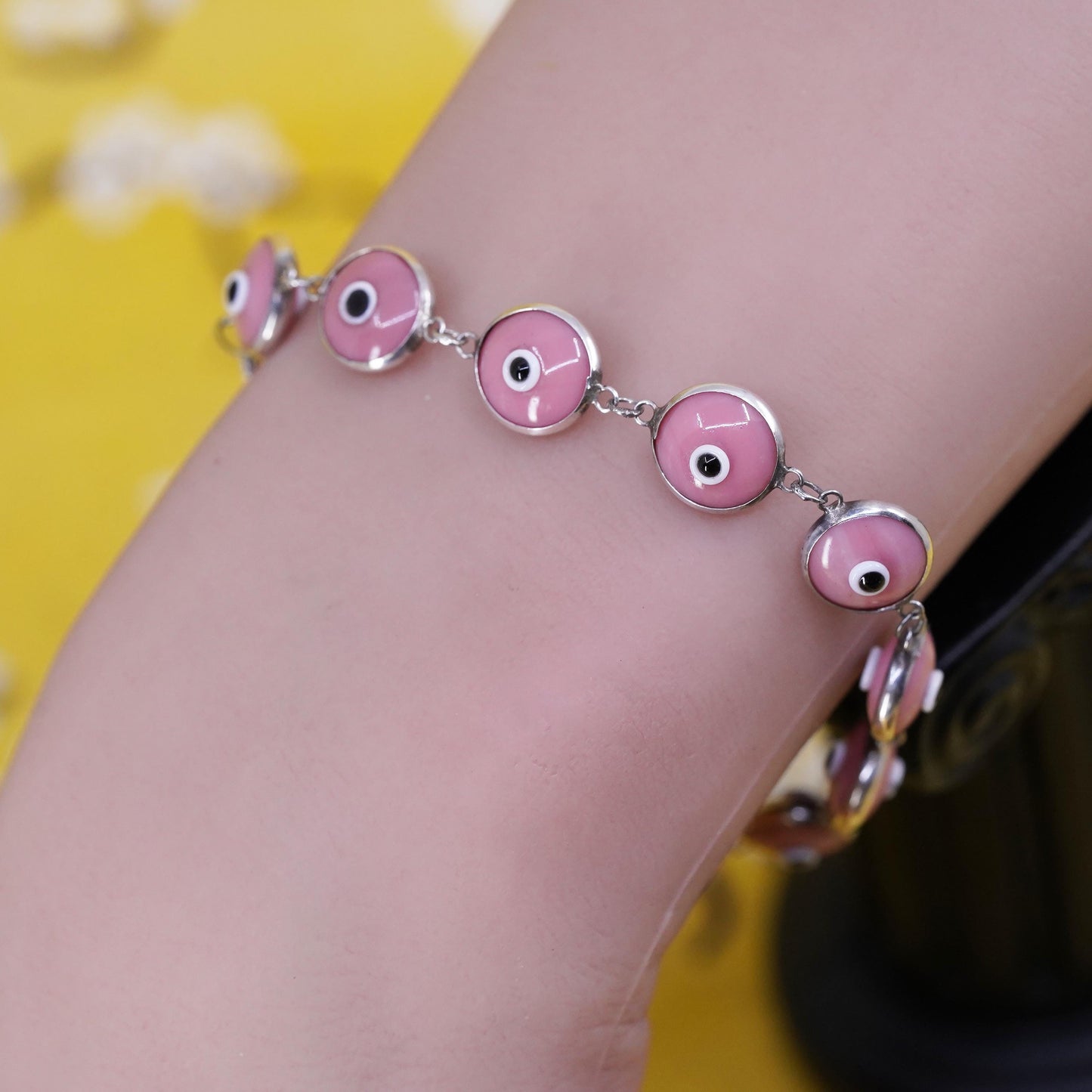 6.75", vintage sterling 925 silver handmade bracelet pink evil eye bracelet