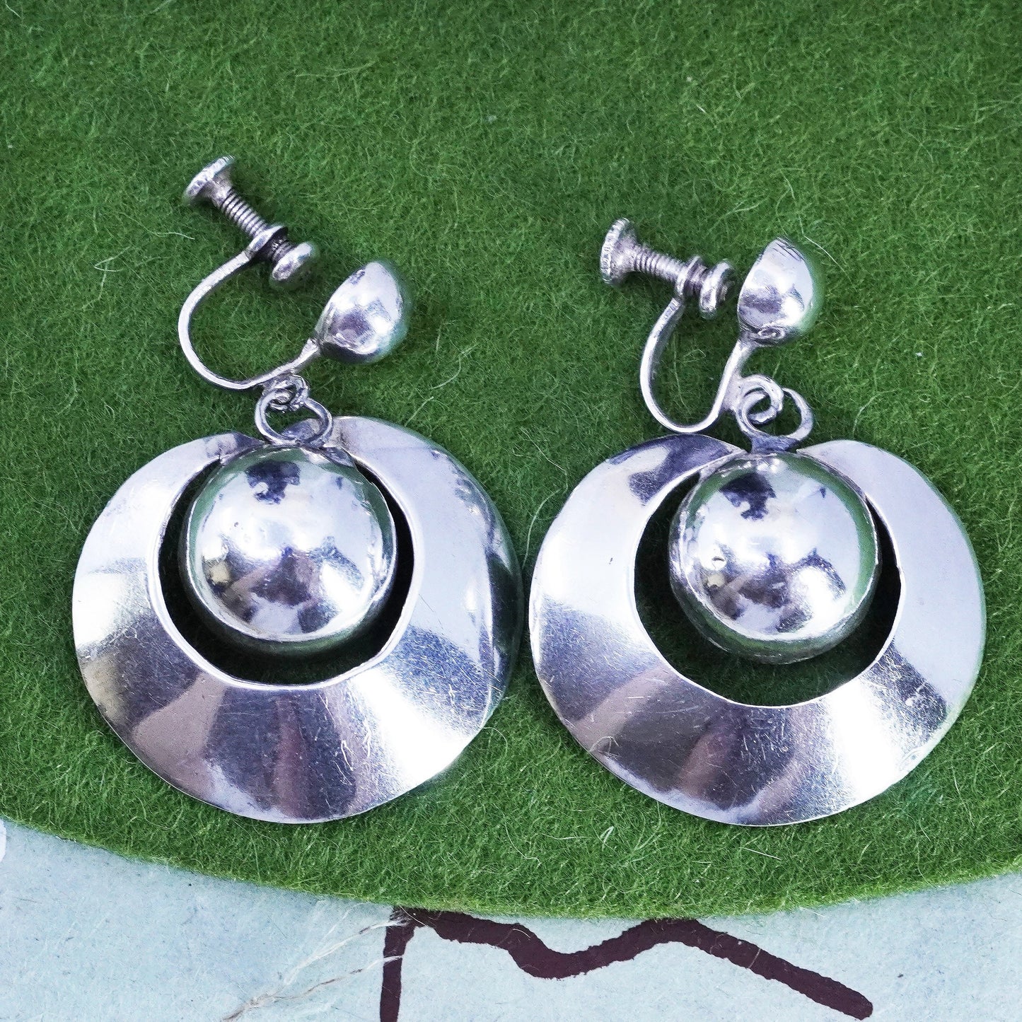 Vintage Sterling silver handmade earrings, 925 screw back circle bead earrings