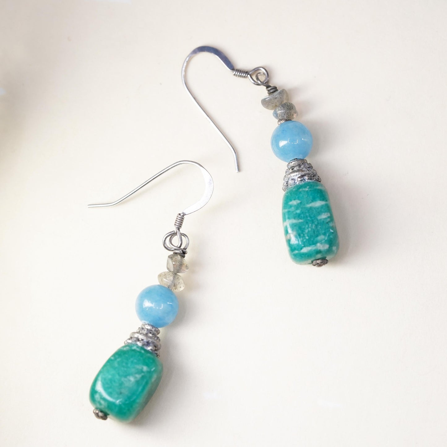 Southwestern sterling silver 925 handmade earrings w/ jade nugget larimar beads