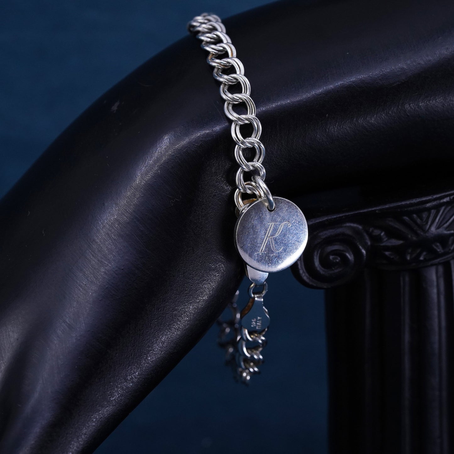 7.25" Sterling silver handmade bracelet, 925 double curb chain circle charm K