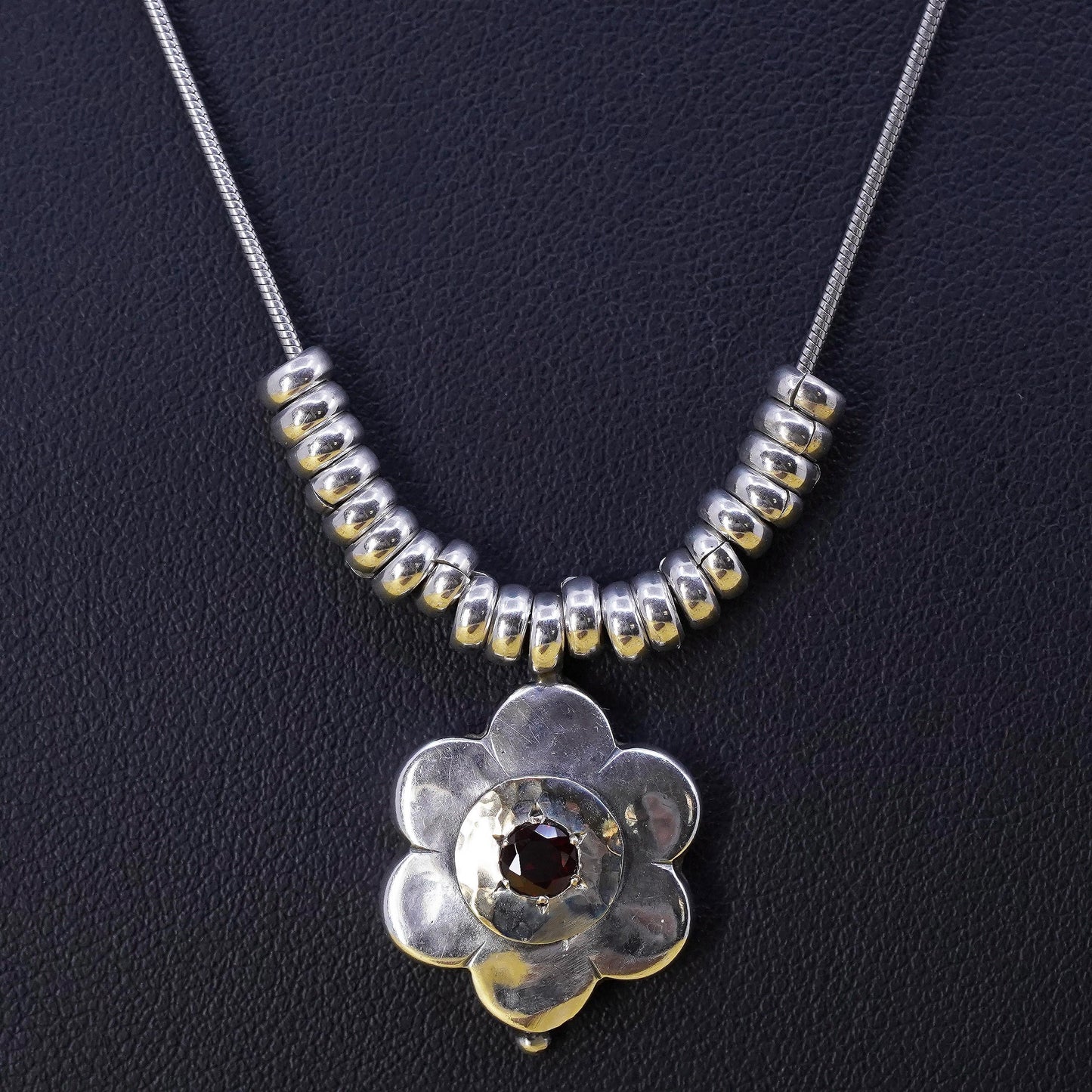 18” Vintage 14K flower Sterling silver pendant, 925 snake chain necklace beads