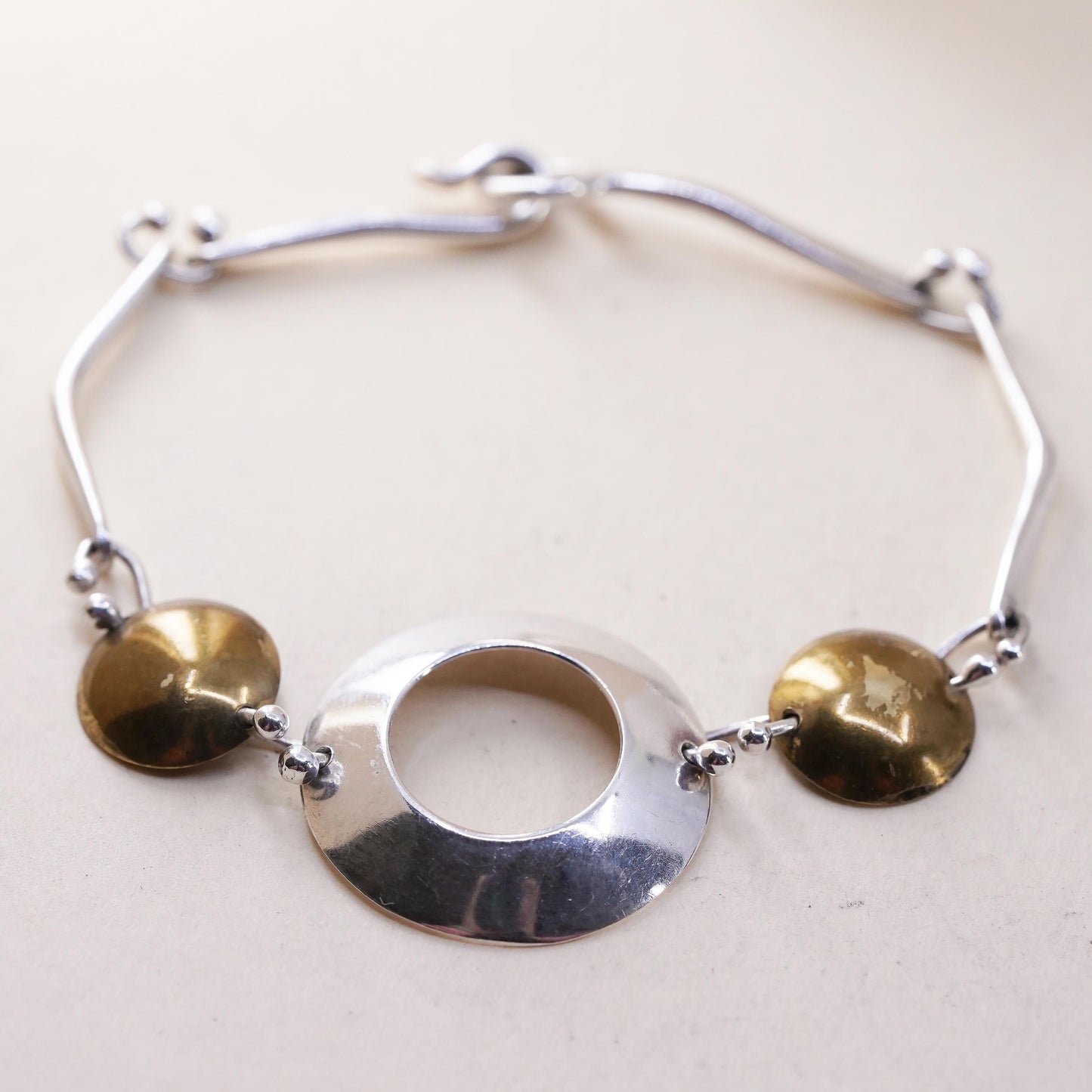 6.25”, Vintage Mexican two tone sterling silver bracelet, 925 disc chains brass