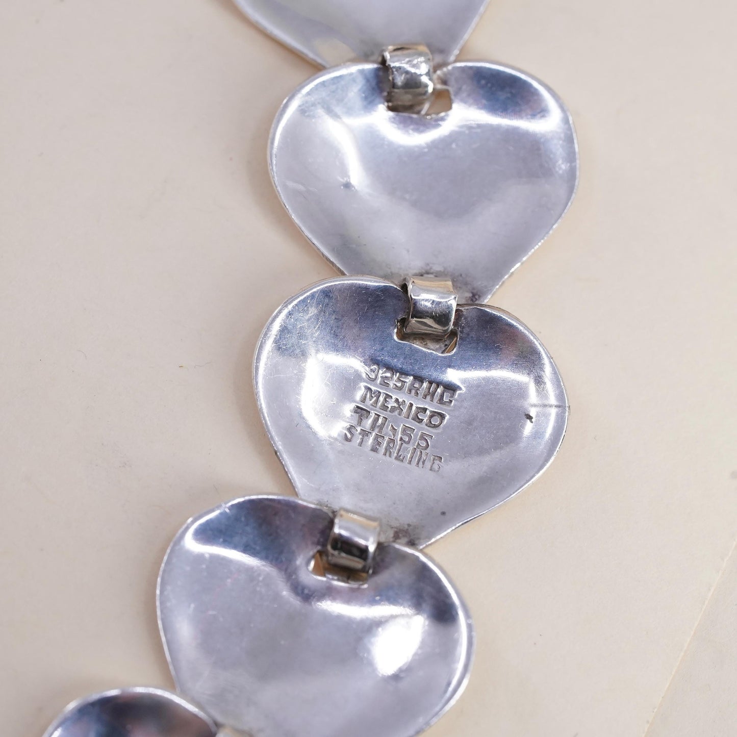 6.5", Vintage Mexican sterling 925 silver handmade heart disc charm bracelet