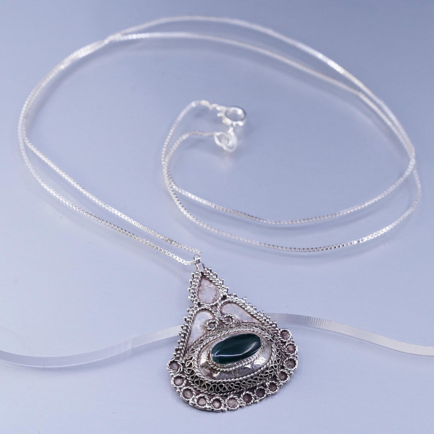 24” 1mm, vintage Italian Sterling 925 silver box chain necklace with beaded pendant and jade