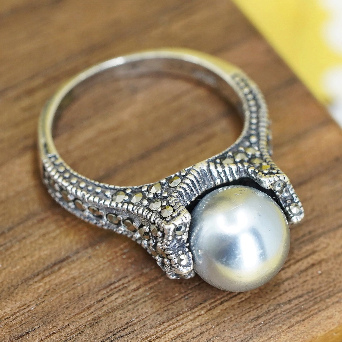 size 6.25, Sterling 925 silver handmade ring with marcasite and gray pearl