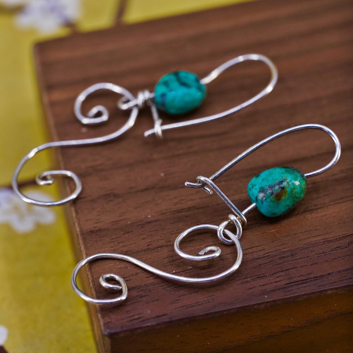 Vintage Sterling silver handmade earrings, 925 silver wire with turquoise beads