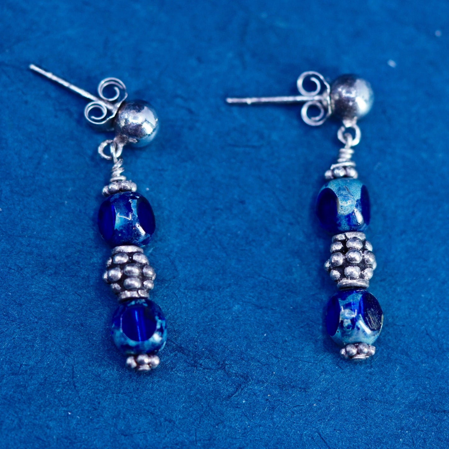 Vintage sterling silver 925 handmade earrings with blue glass beads