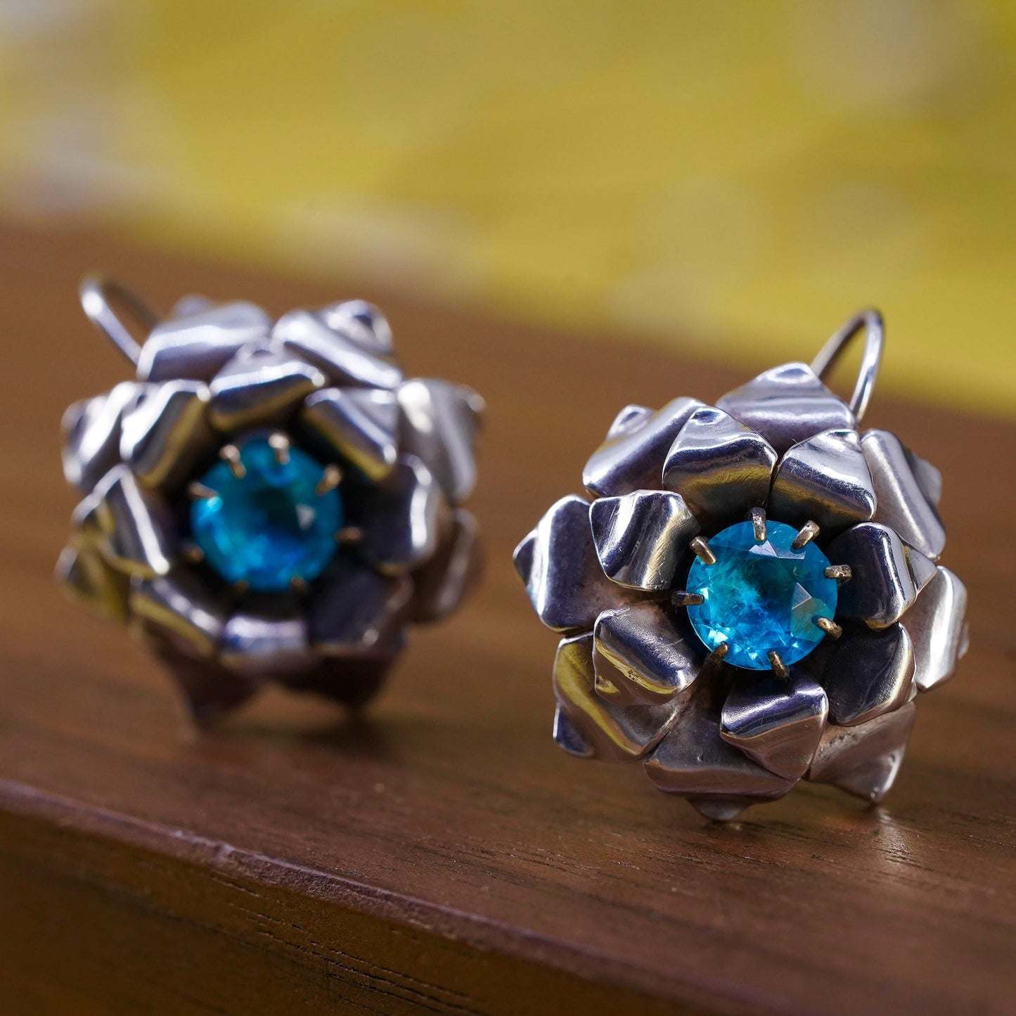 Vintage H. OKEY Sterling silver earrings, 925 flower dangles blue rhinestones