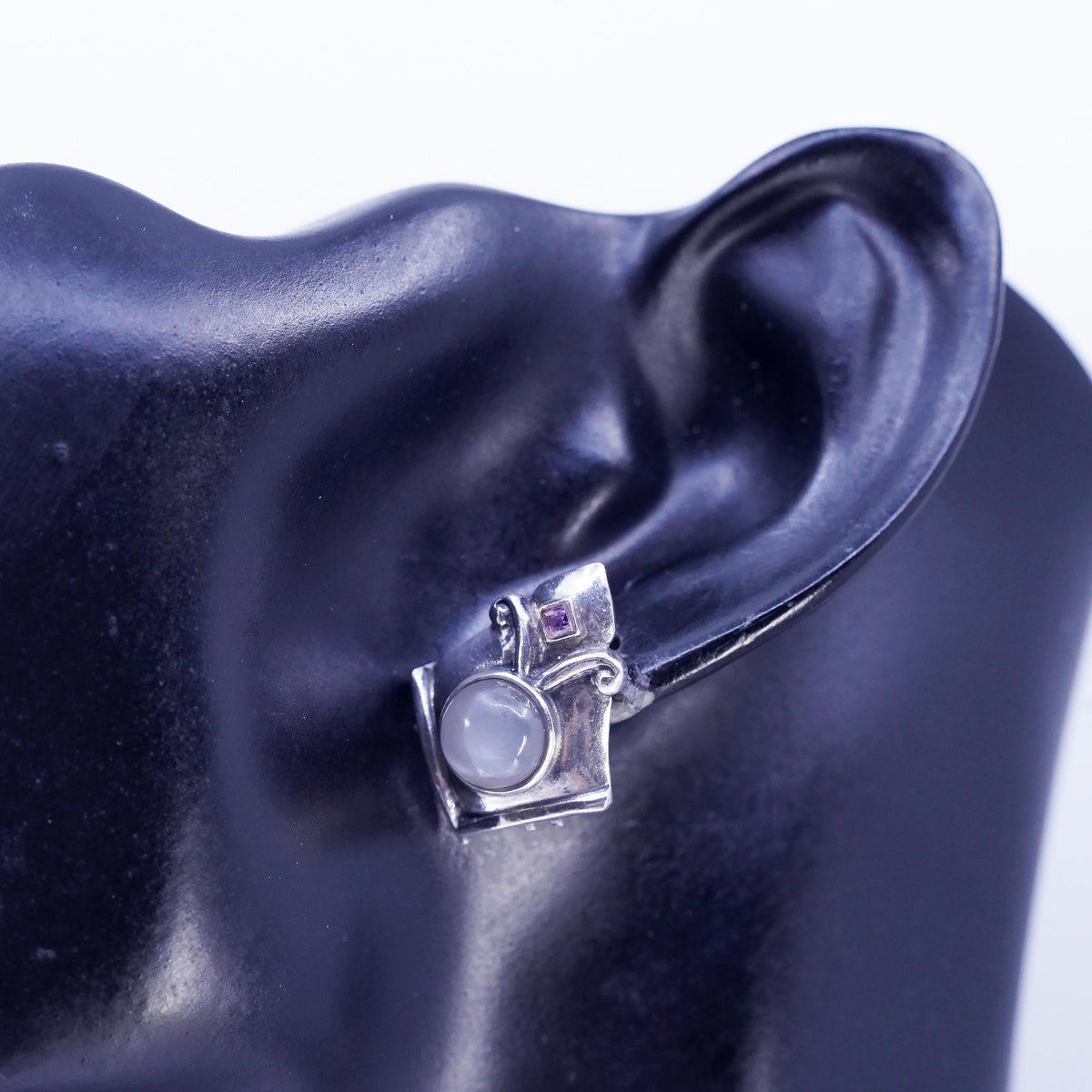 Vintage Sterling 925 silver handmade studs earrings white moonstone amethyst