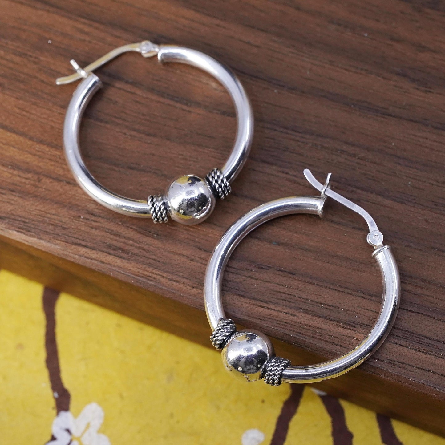 1.25", Indonesia Sterling silver earrings, 925 huggie hoops wired detail beads