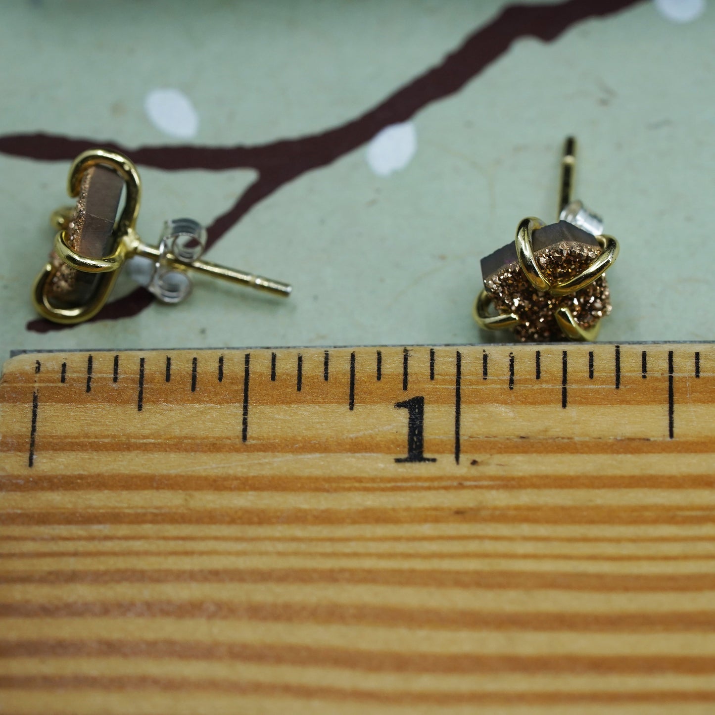 Vintage sterling 925 silver genuine golden druzy cz studs, earrings