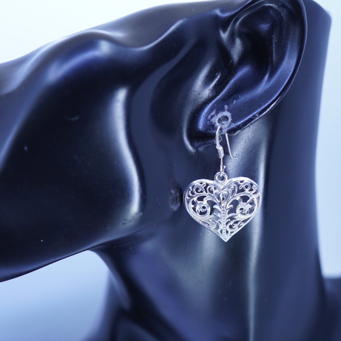 Vintage Sterling 925 silver handmade filigree heart earrings