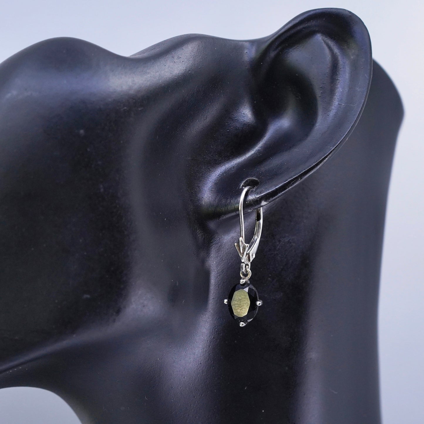 Vintage Sterling 925 silver handmade earrings with oval obsidian