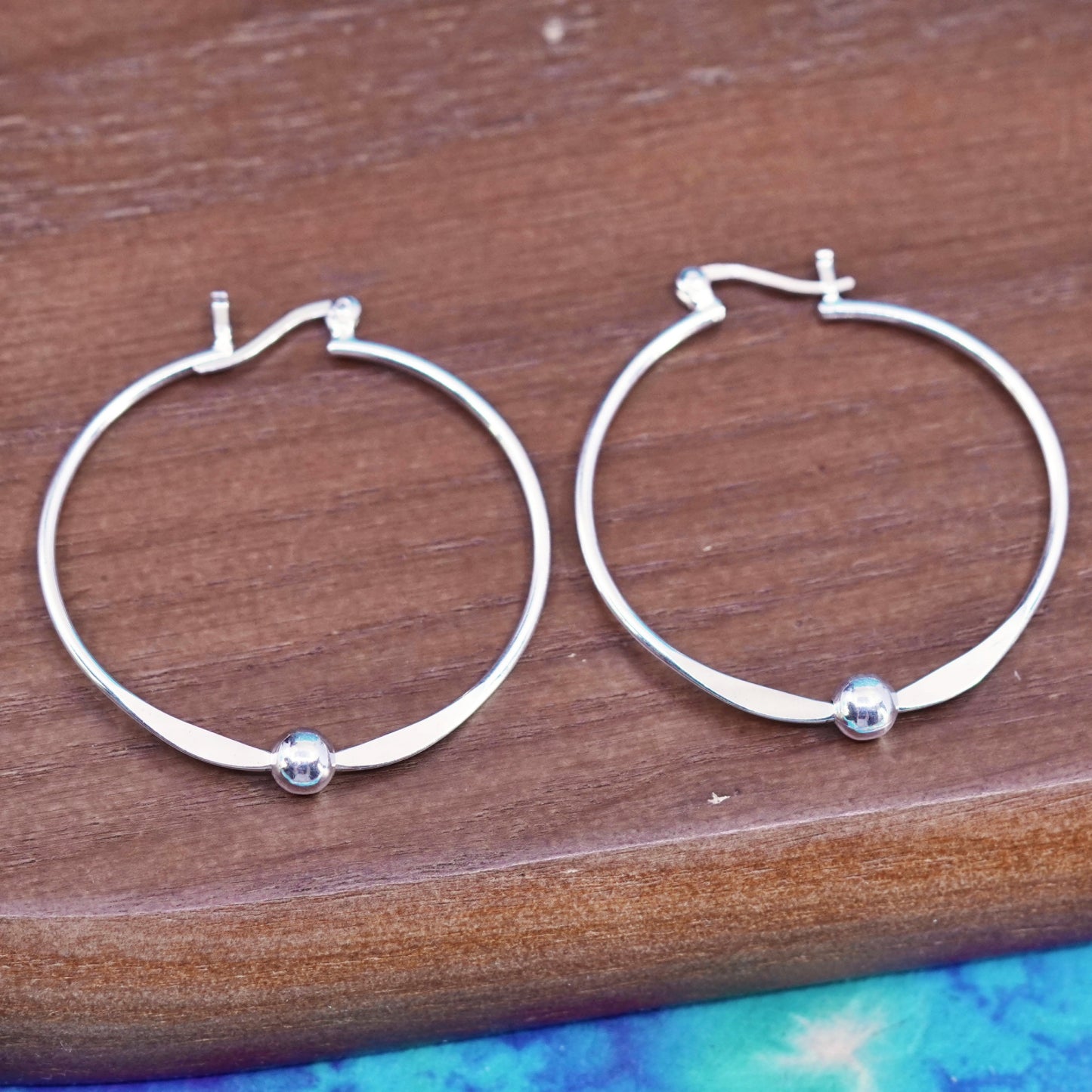 1.5”, vintage Sterling silver handmade hoop earrings, 925 huggie with bead