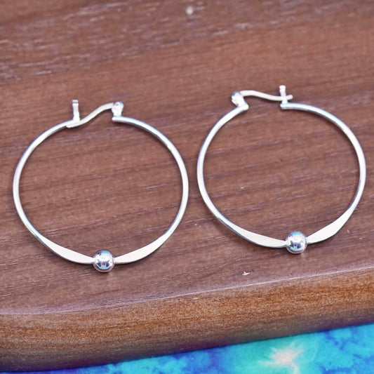 1.5”, vintage Sterling silver handmade hoop earrings, 925 huggie with bead