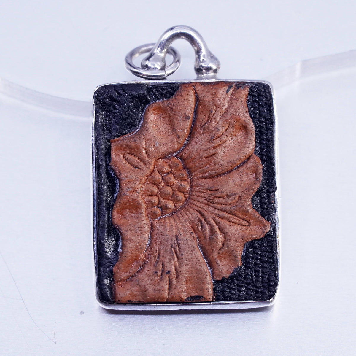Peyote Bird PB Sterling 925 Silver Carved Leather Flower Pendant, Floral Relief