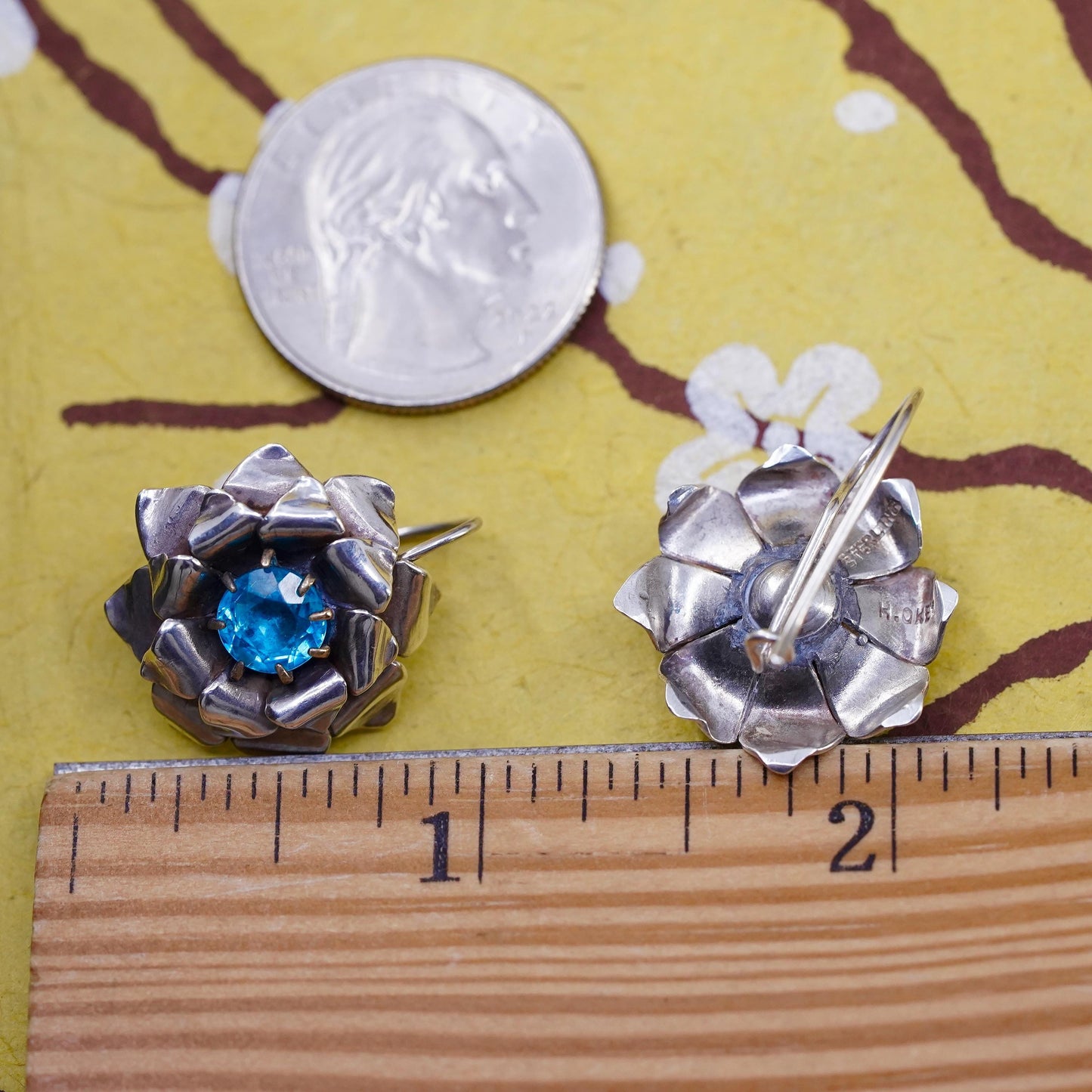 Vintage H. OKEY Sterling silver earrings, 925 flower dangles blue rhinestones