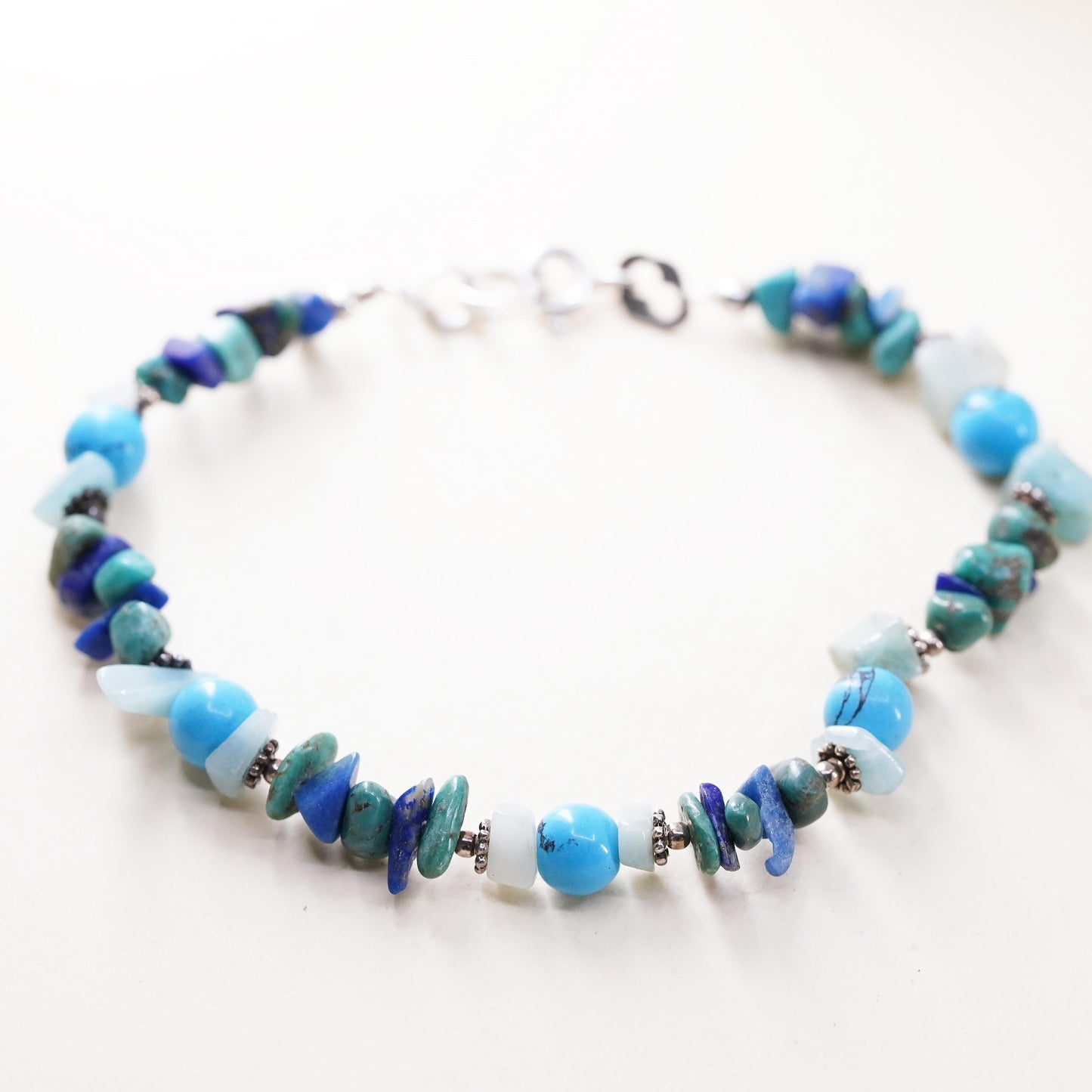 7”, southwestern Sterling 925 silver bracelet turquoise jade lapis lazuli beads