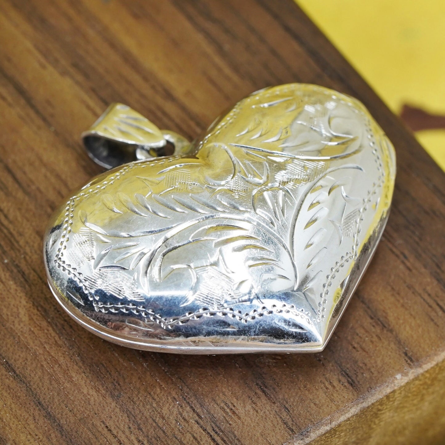 Vintage Sterling silver handmade photo locket pendant, puffy textured 925 heart