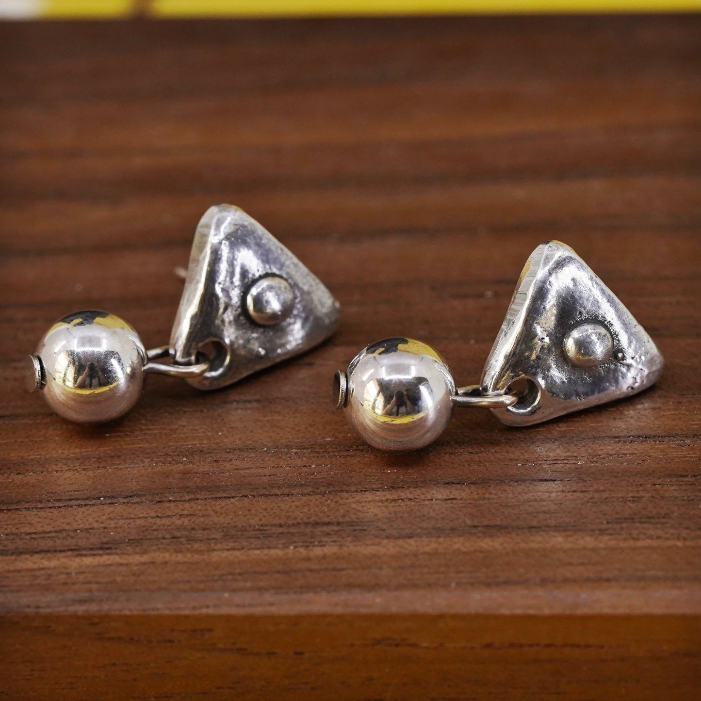 handmade sterling silver earrings, 925 triangular hammered dangle with bead